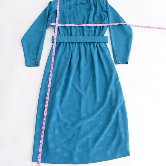 Vintage Teal Midi  Dress with Shoulder Pads & Belt - Picture 5 of 14